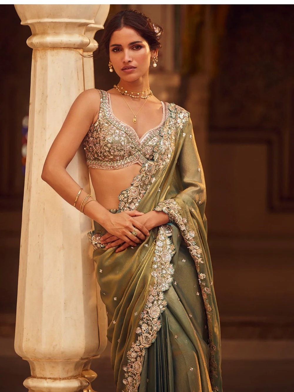 Olive Green Embellished Saree Dress with Beaded Blouse